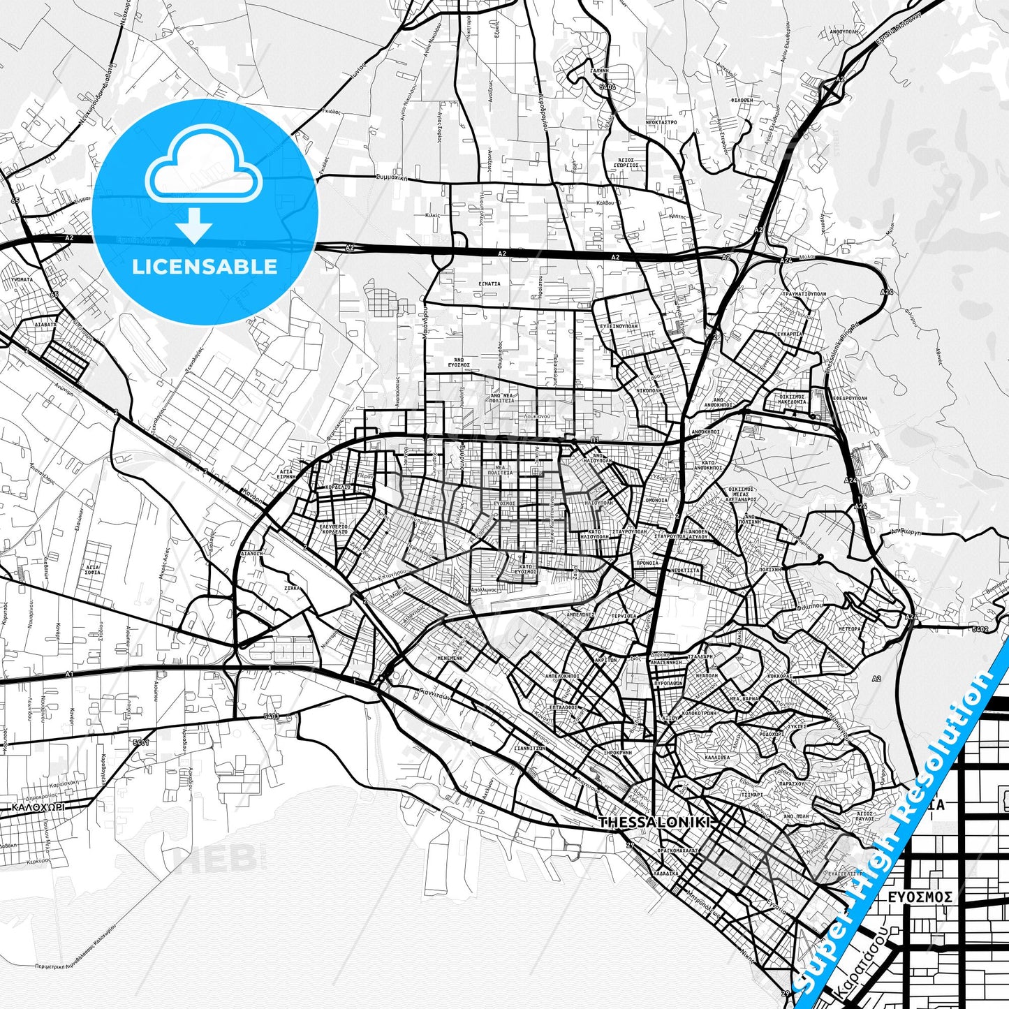Evosmos, Greece Light Map with Street Names, City Names, and Districts