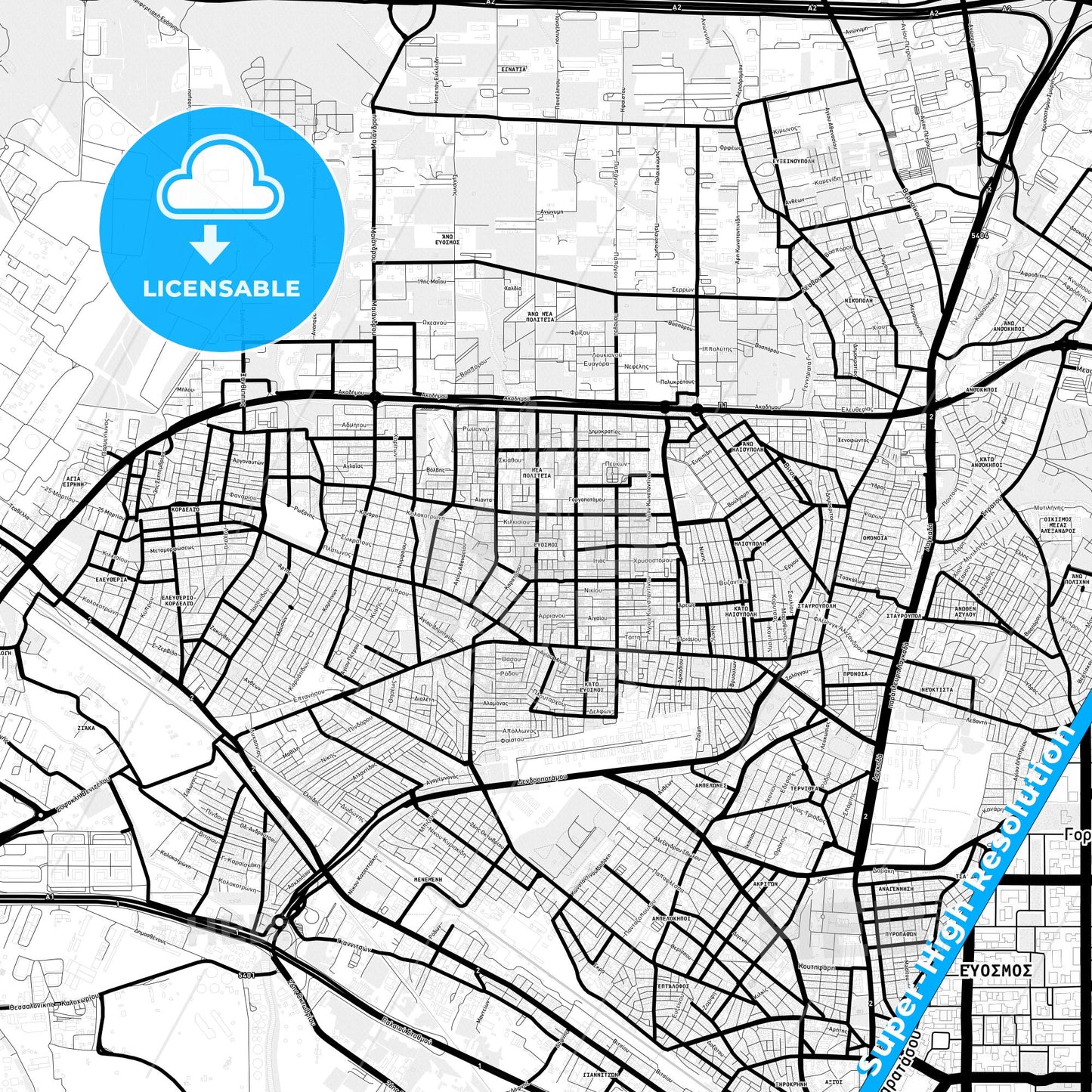 Evosmos, Greece Light Map with Street Names, City Names, and Districts