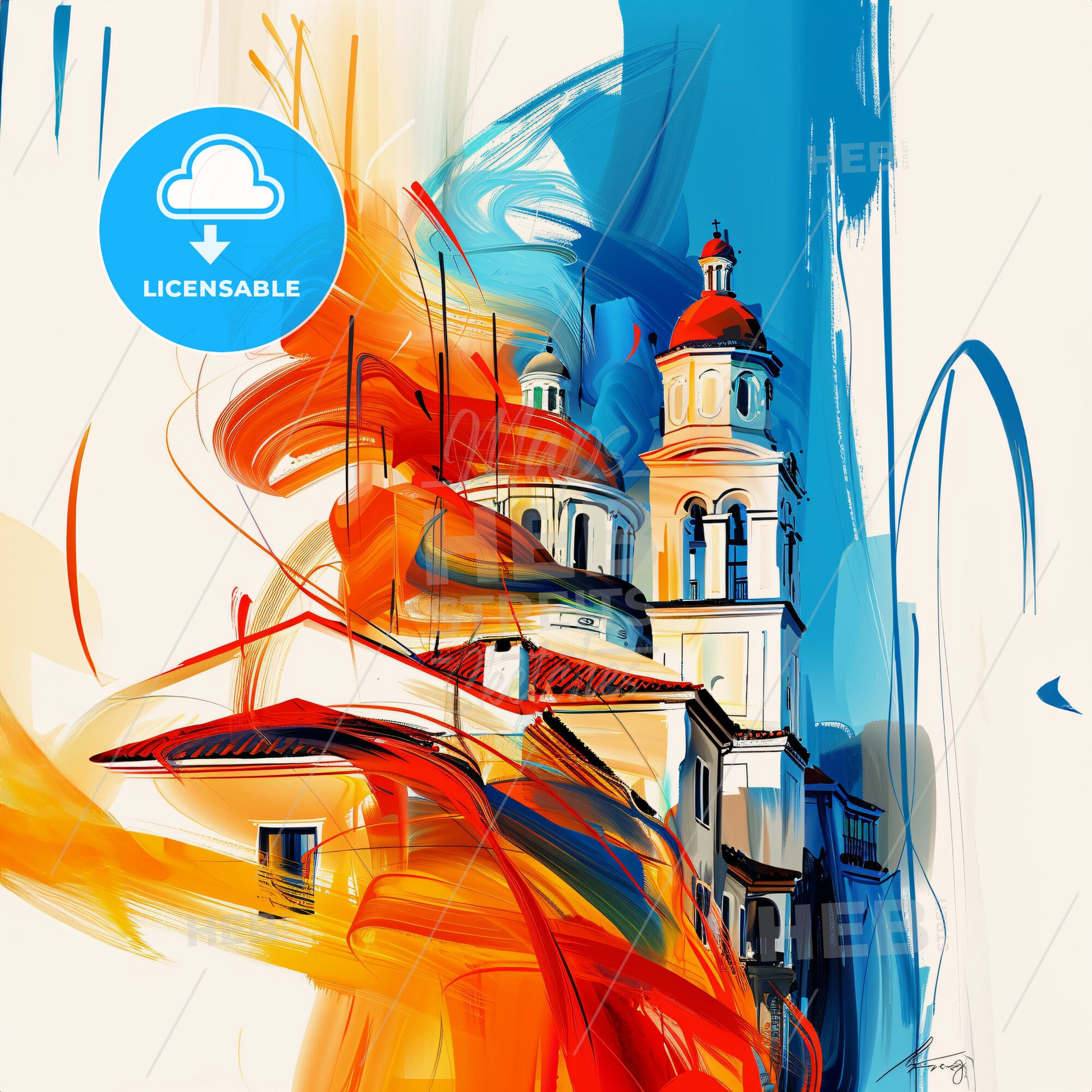 Vibrant Evosmos, Greece - A Painting Of A Building With A Colorful Brushstroke