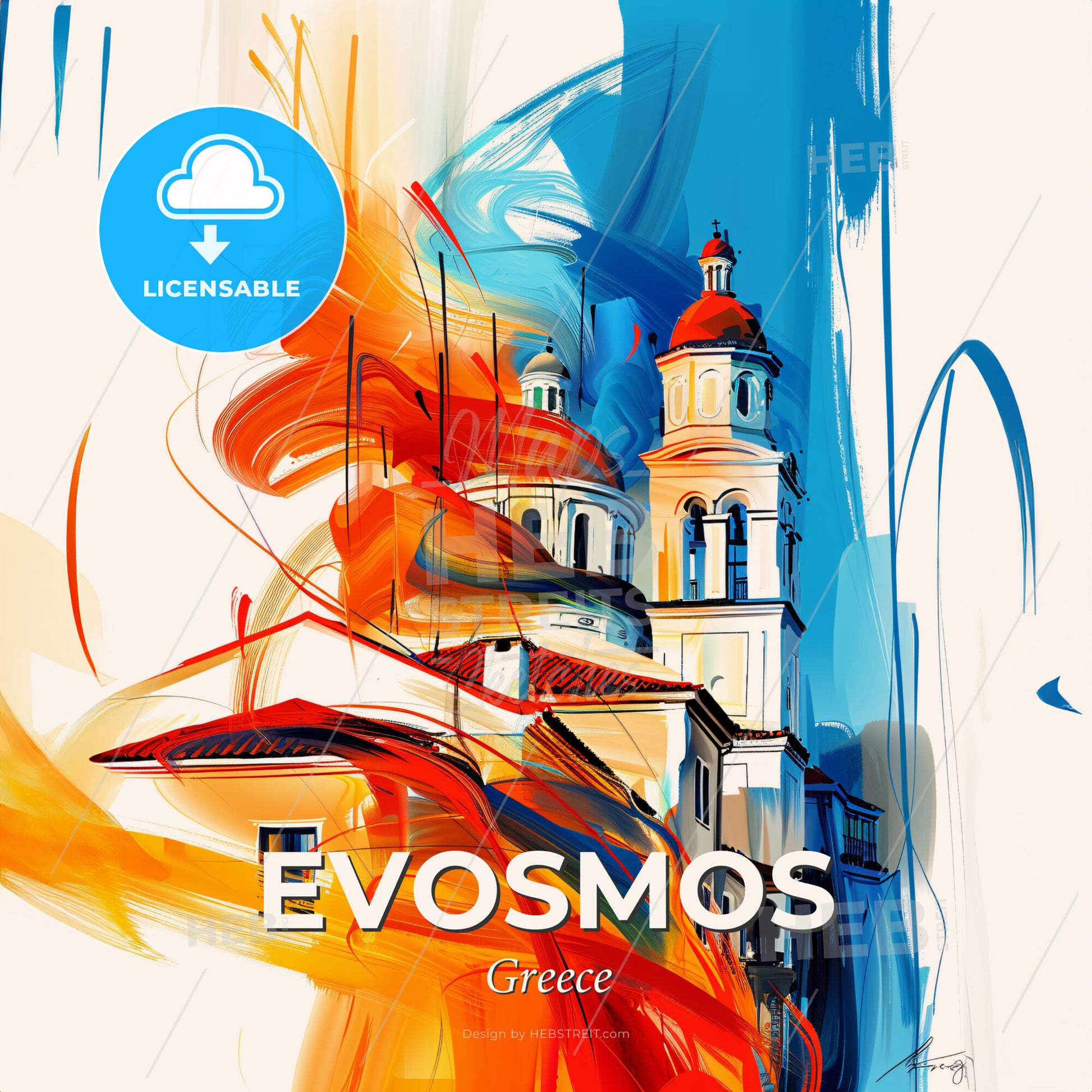 Vibrant Evosmos, Greece - A Painting Of A Building With A Colorful Brushstroke - Square format print template