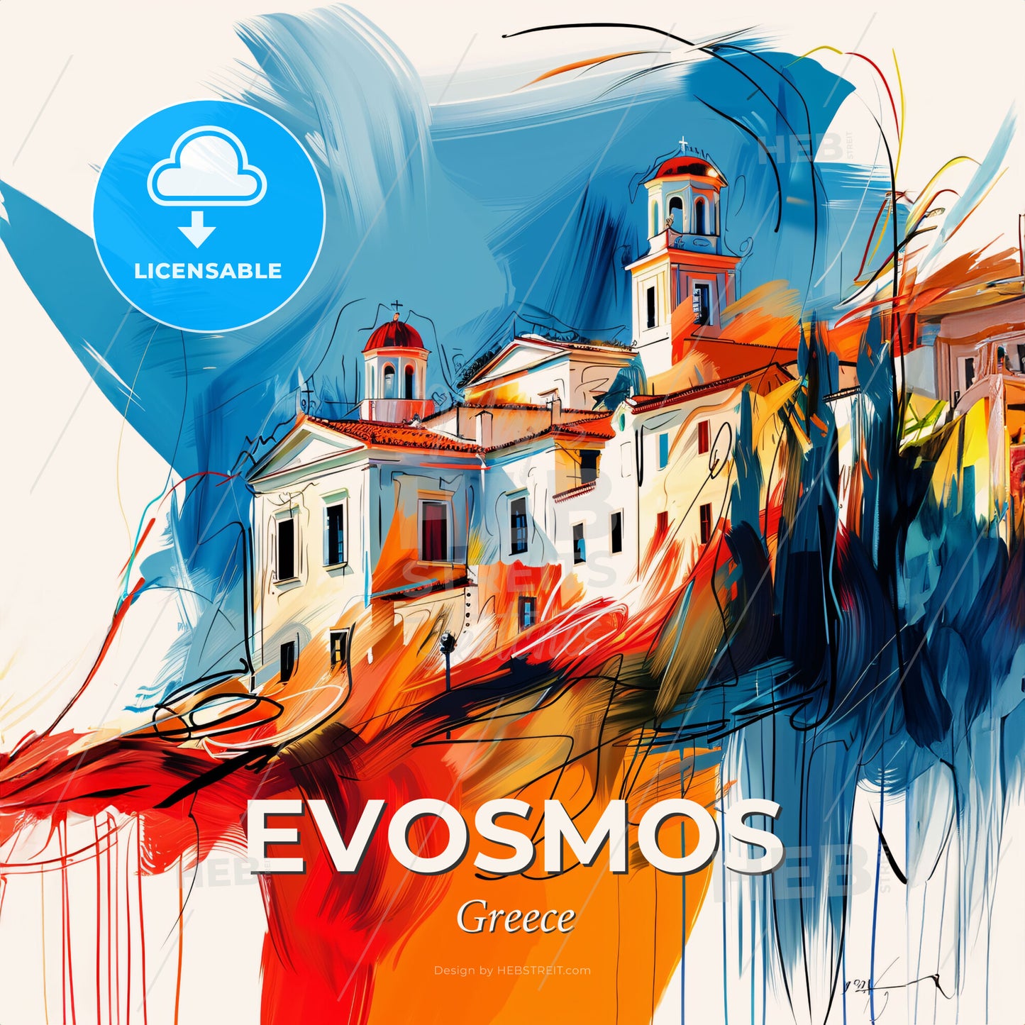 Vibrant Evosmos, Greece - A Painting Of A Building - Square format print template