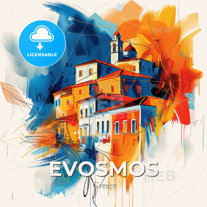 Vibrant Evosmos, Greece - A Painting Of A Building - Square format print template