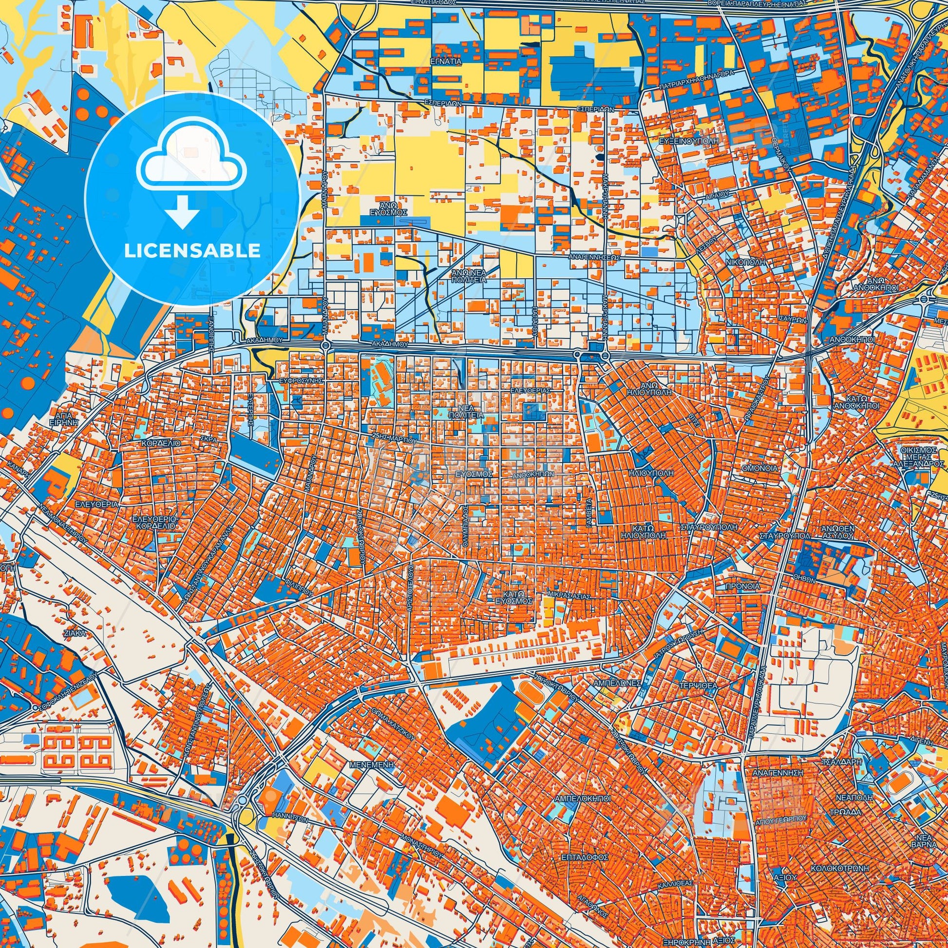 Colorful Evosmos Street Map with Labels and Buildings
