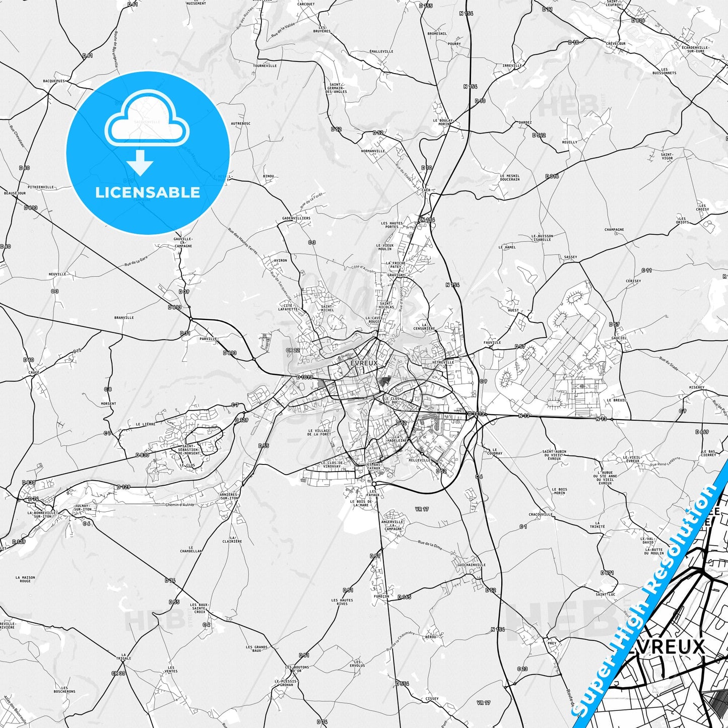 Évreux, France light map with streetnames, citynames and districts