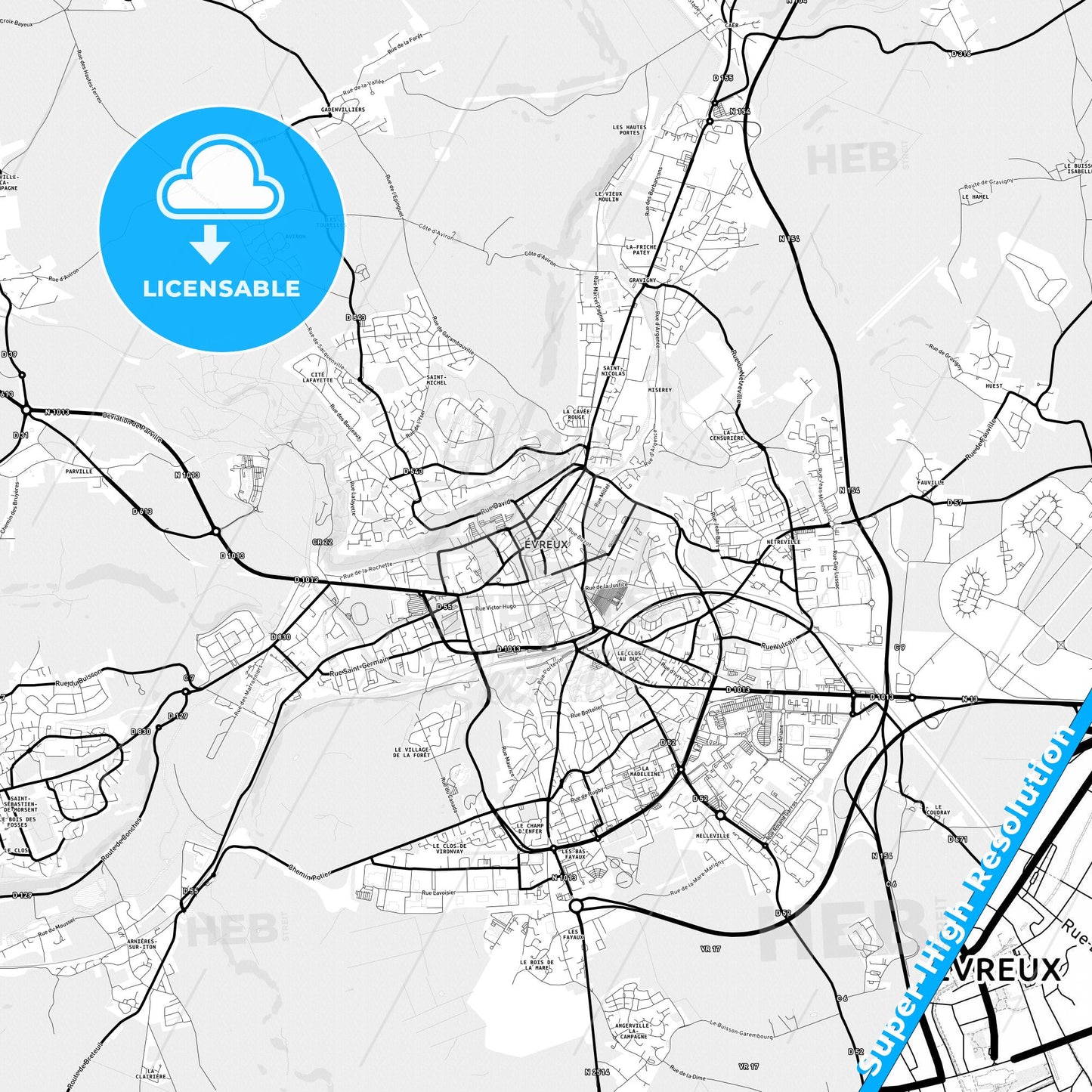 Évreux, France Light Map with Street Names, City Names, and Districts