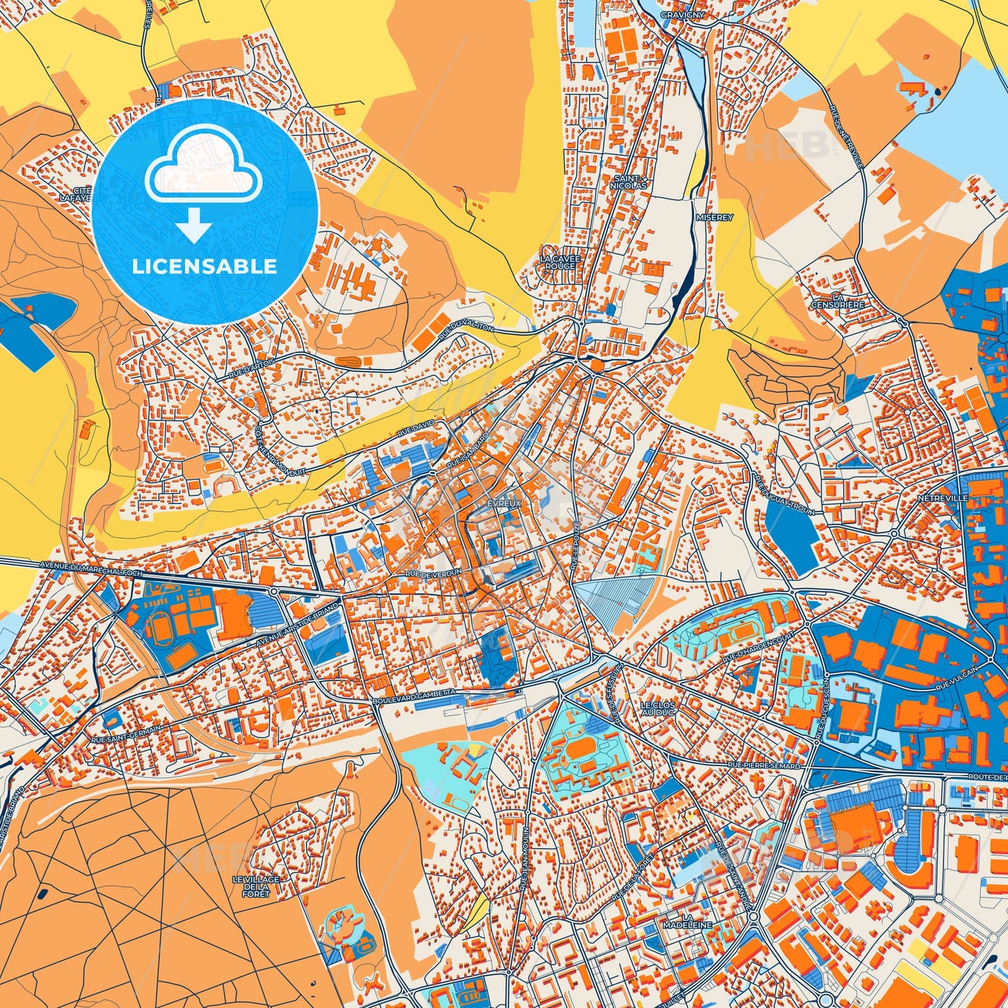 Colorful Évreux Street Map with Labels and Buildings