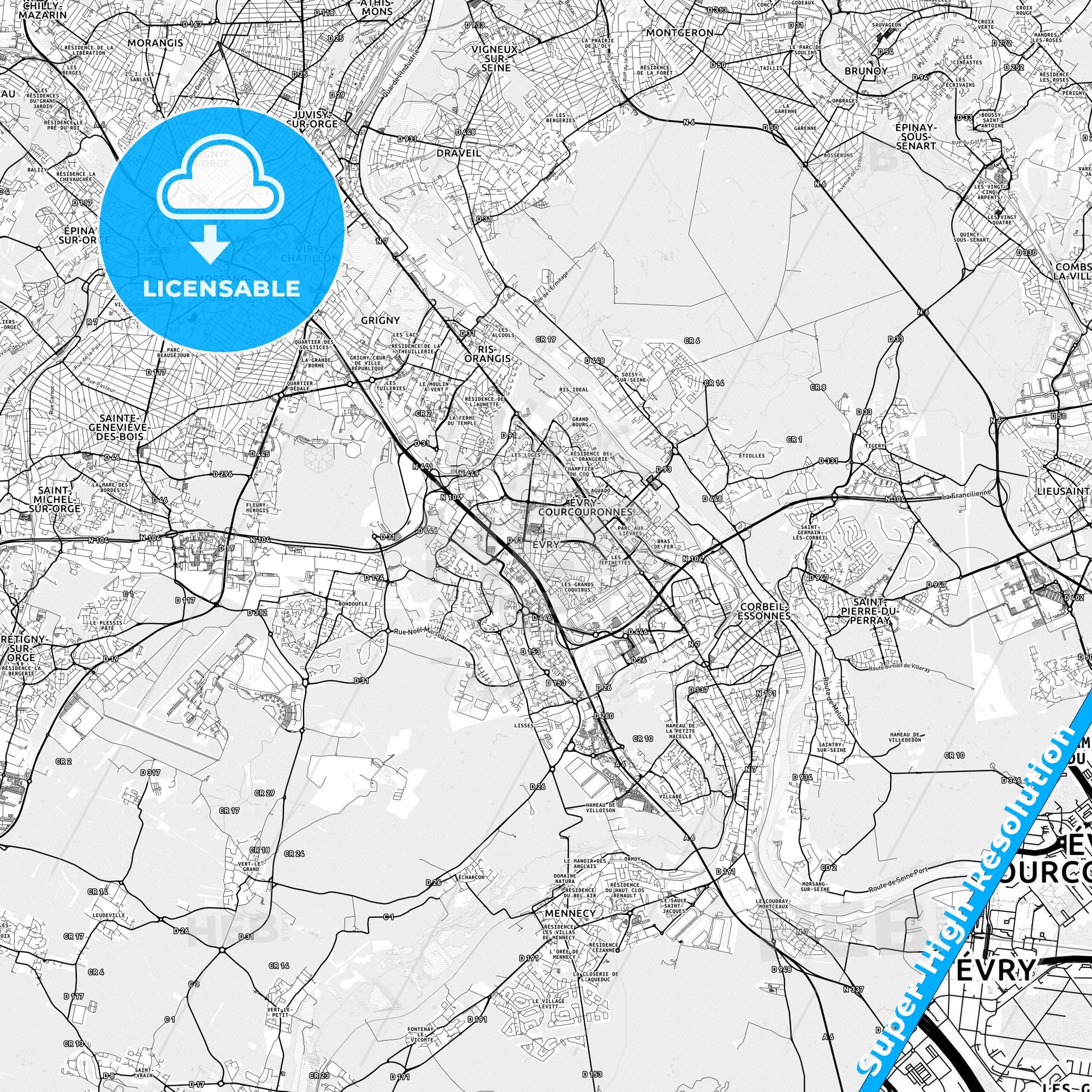 Évry, France light map with streetnames, citynames and districts