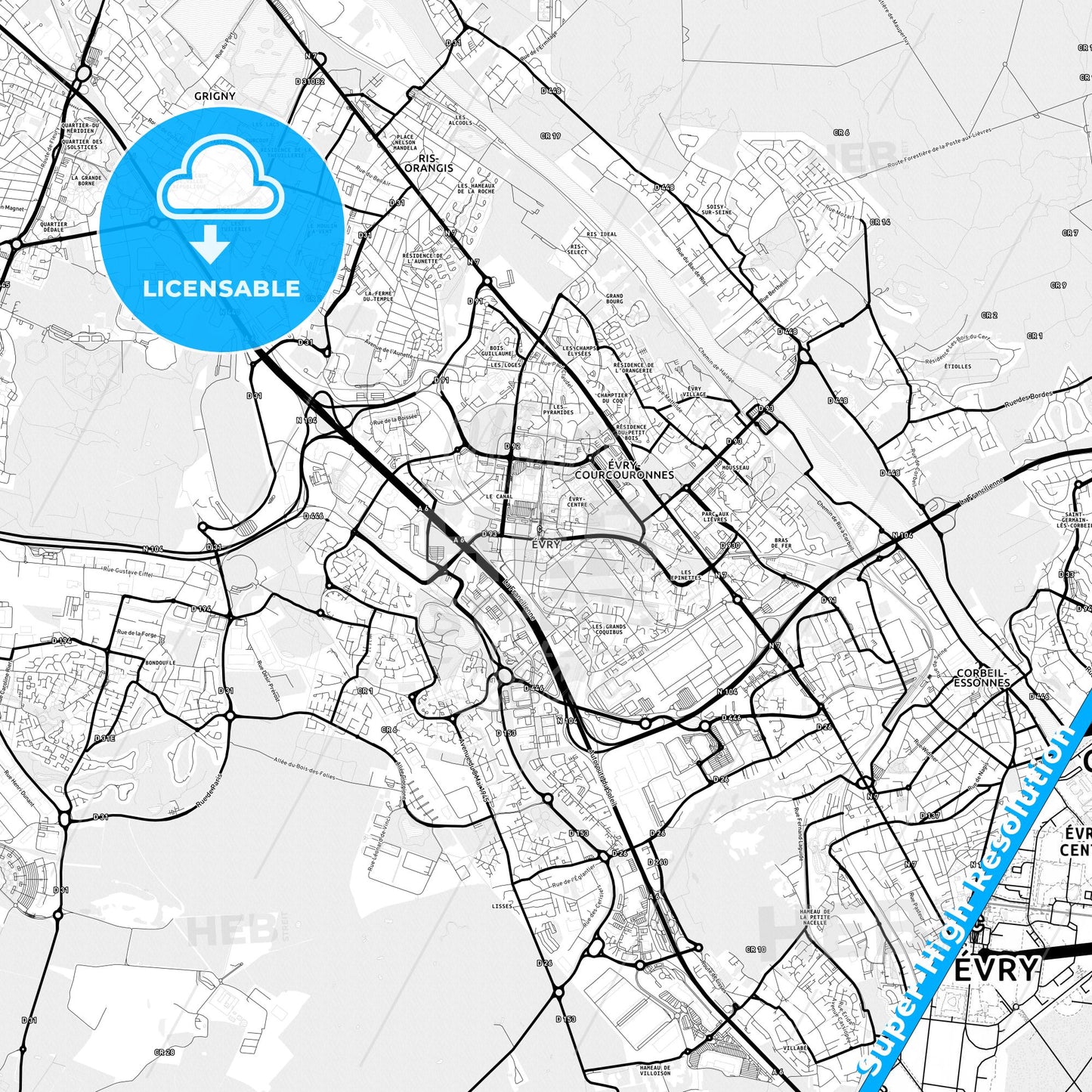 Évry, France Light Map with Street Names, City Names, and Districts