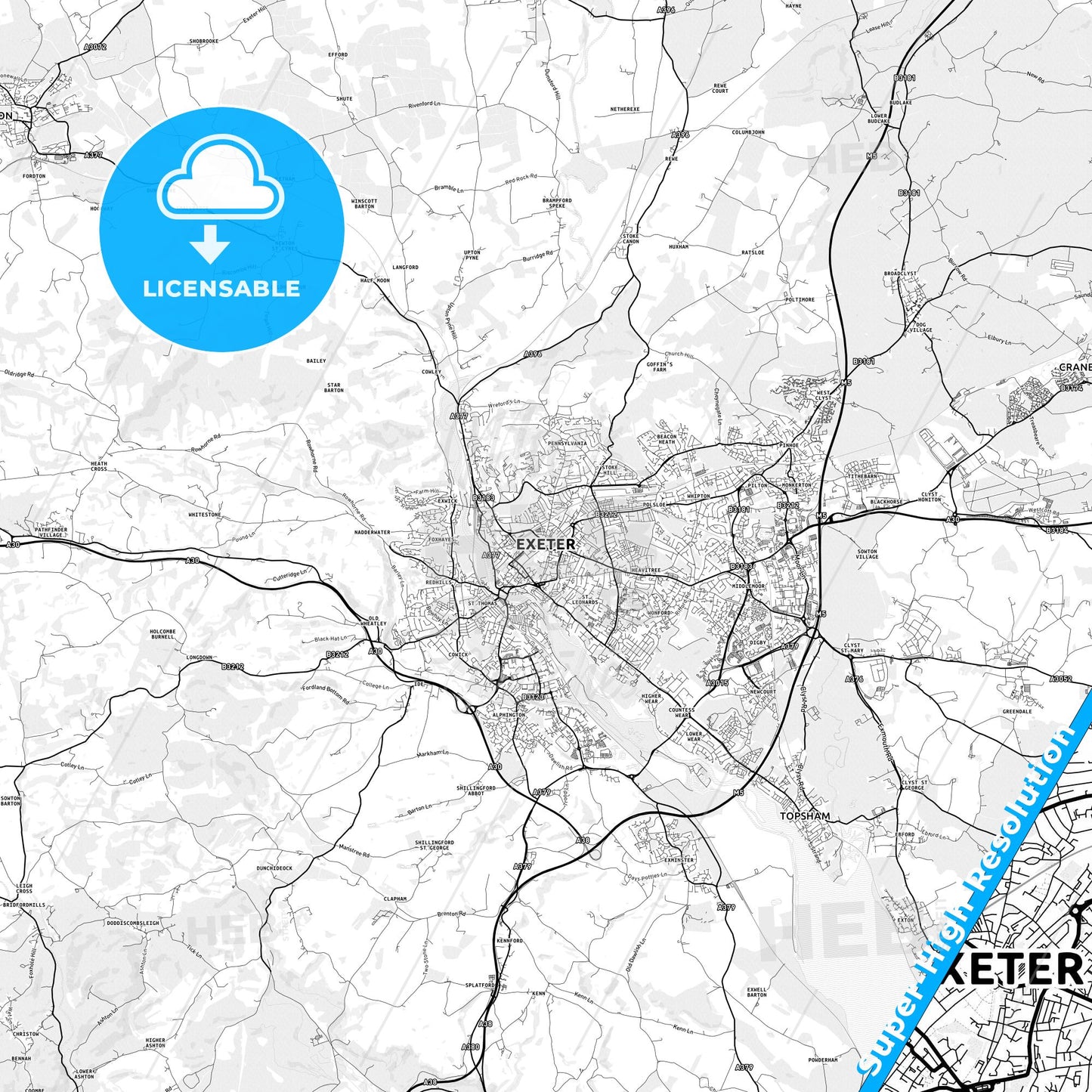 Exeter, England light map with streetnames, citynames and districts