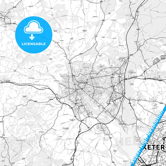 Exeter, England light map with streetnames, citynames and districts