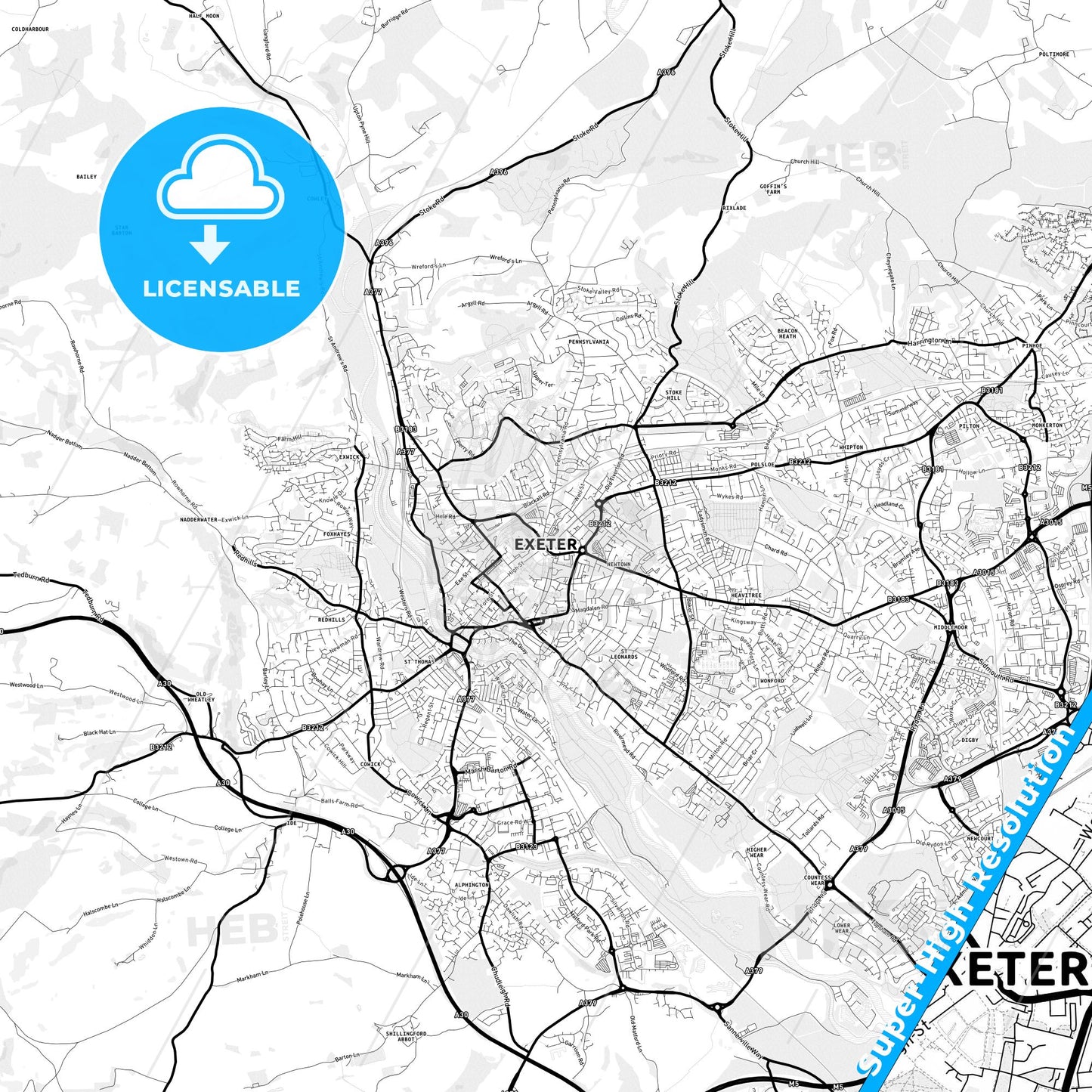 Exeter, England Light Map with Street Names, City Names, and Districts