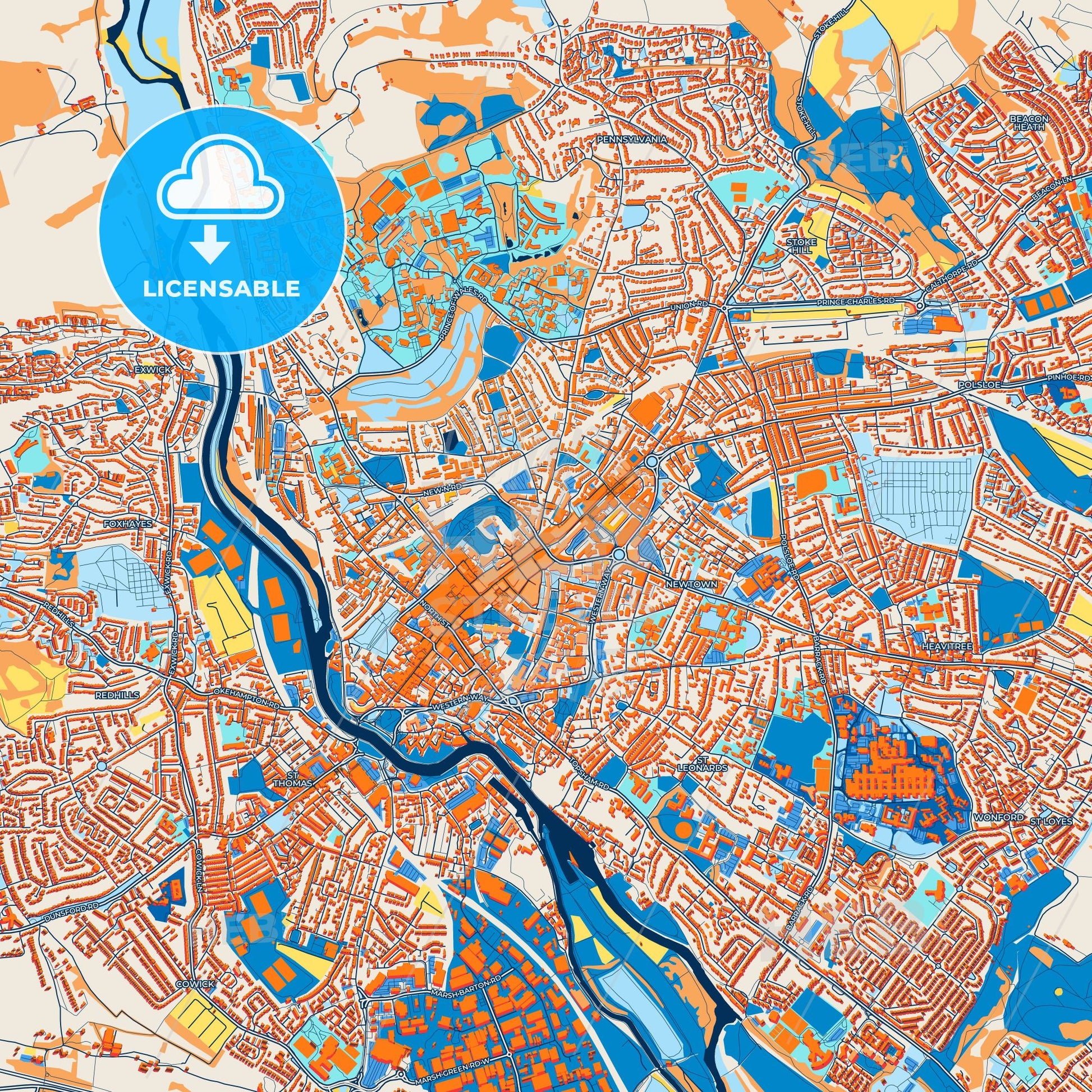 Colorful Exeter Street Map with Labels and Buildings