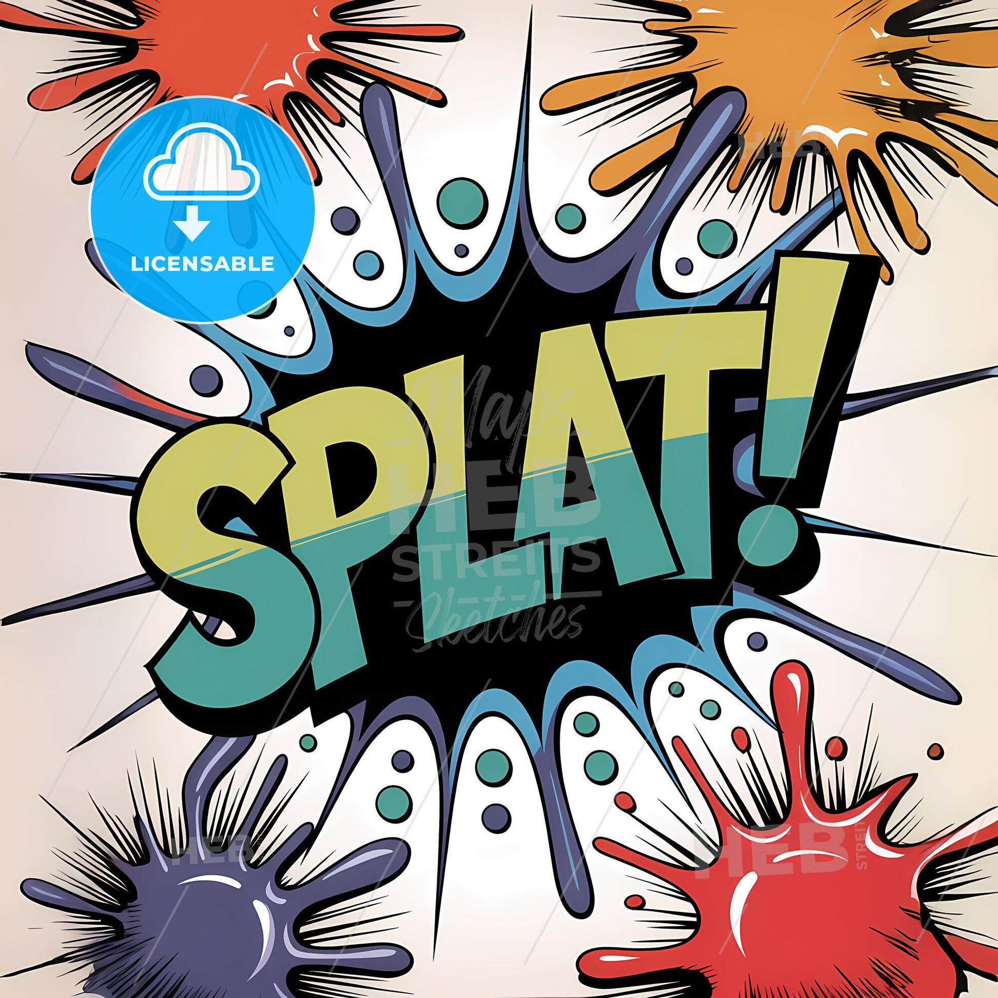 Explosive Urban Art: Bold SPLAT! Graffiti-Inspired Print in Striking Blues