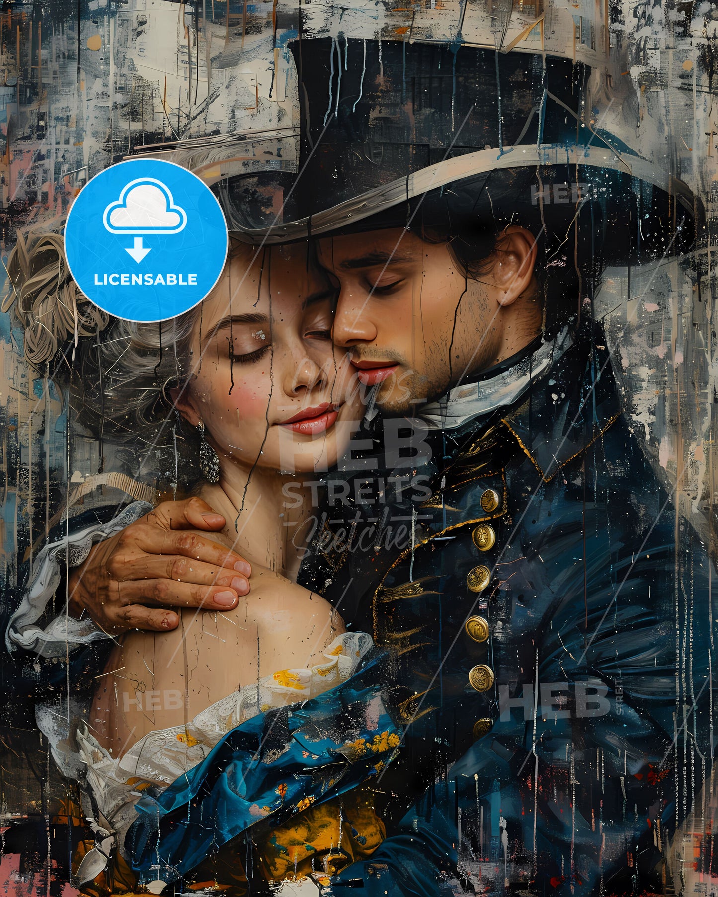 Expressionist Painting of Marie Antoinette and Louis XVI Embracing in Vibrant Colors and Abstract Style