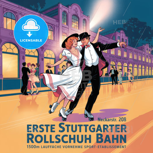 Exquisite Art Nouveau Stuttgart Roller Skating Rink Vintage Advertisement Print