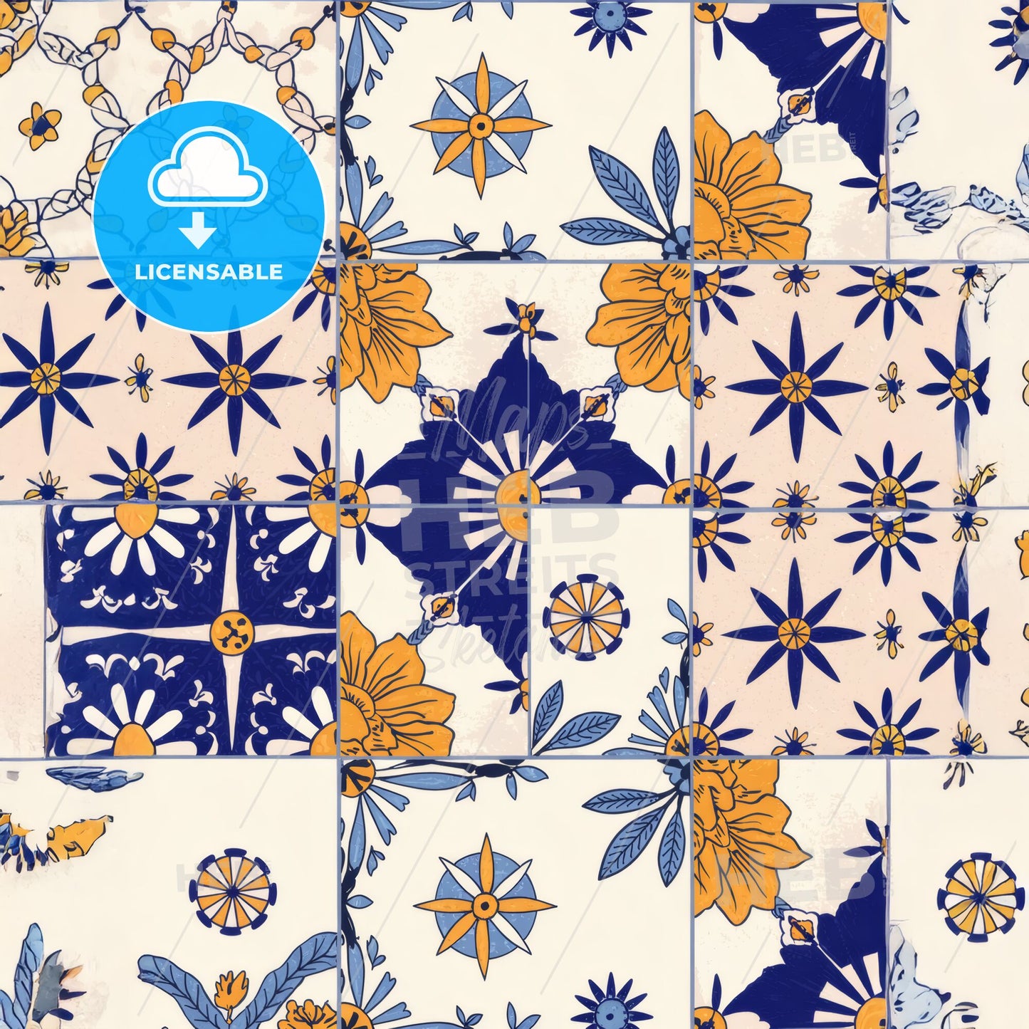 Exquisite Portuguese Azulejo Tile Pattern in Cobalt Blue, Yellow & White