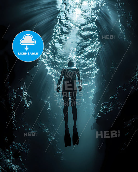 Vibrant Artful Depiction of Extreme Sport Free Diving with Underwater Swimmer