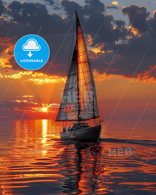 Abstract Artwork: Sailboat and Sunset over the Sea, Vivid Expressionism, Long-Shot Landscape Painting