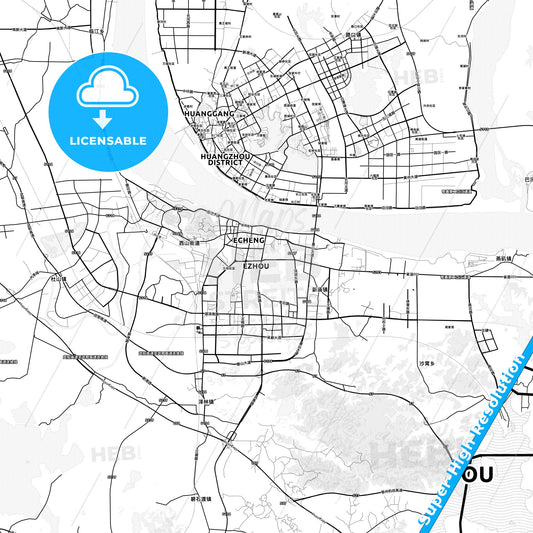 Ezhou, China light map with streetnames, citynames and districts