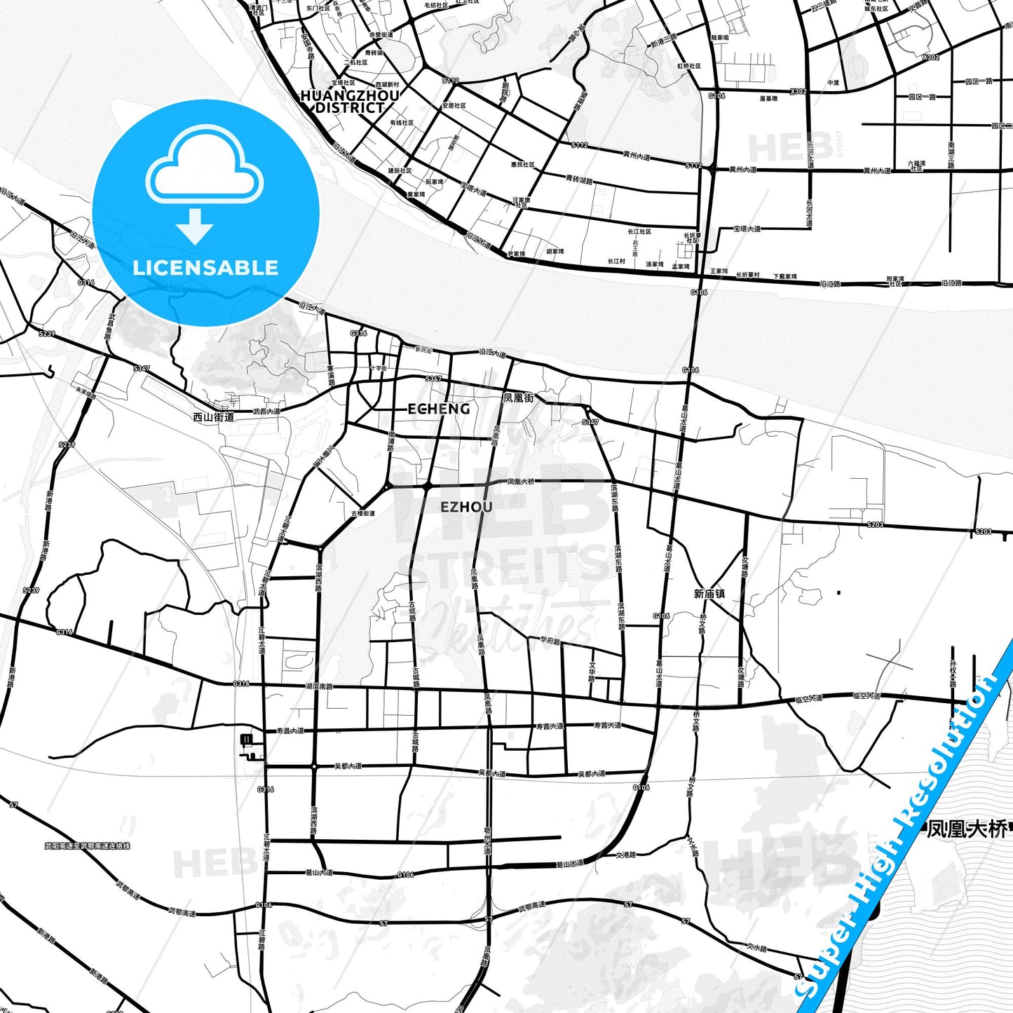 Ezhou, China Light Map with Street Names, City Names, and Districts