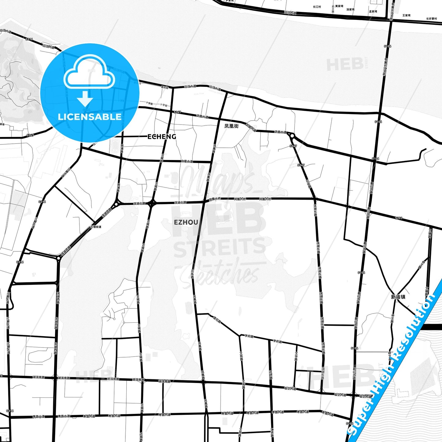 Ezhou, China Light Map with Street Names, City Names, and Districts