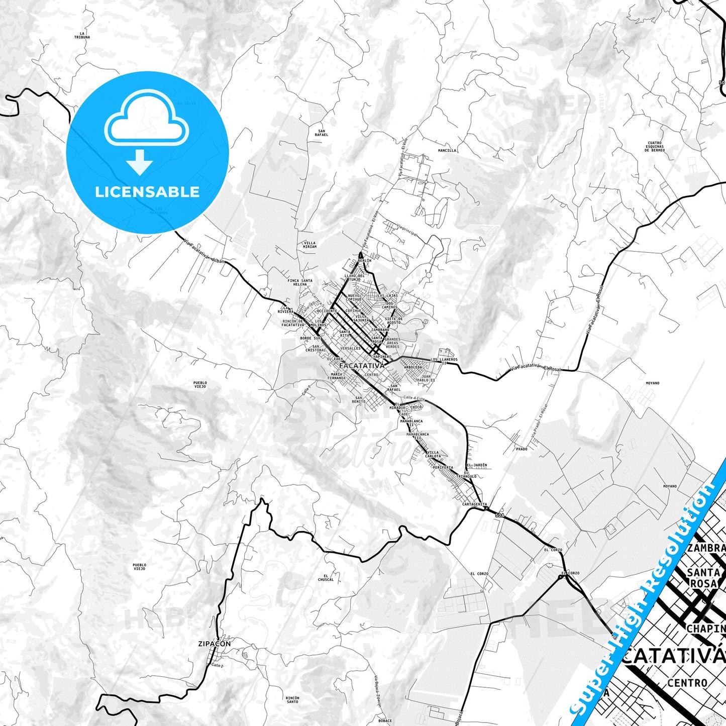 Facatativa, Colombia Light Map with Street Names, City Names, and Districts