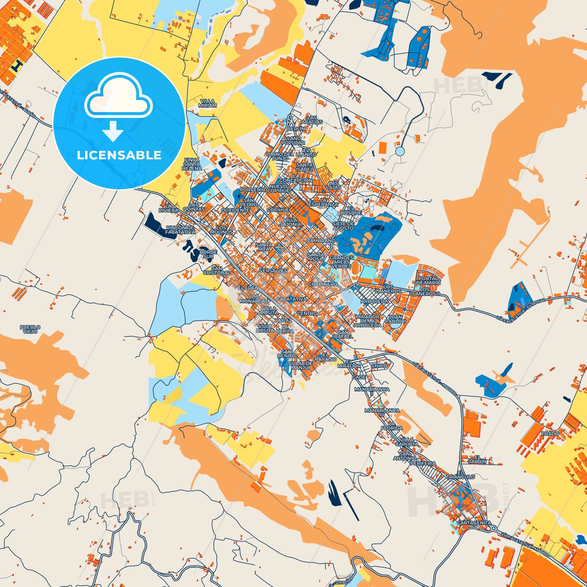 Colorful Facatativa Street Map with Labels and Buildings