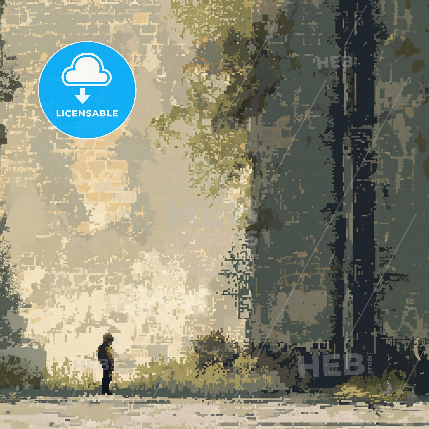 A Pixelated Image Of A Man Standing In Front Of A Building