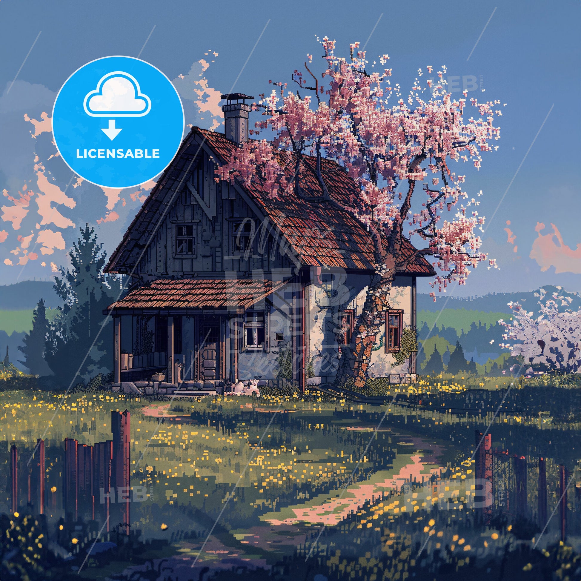 A House With A Tree In The Middle Of A Field