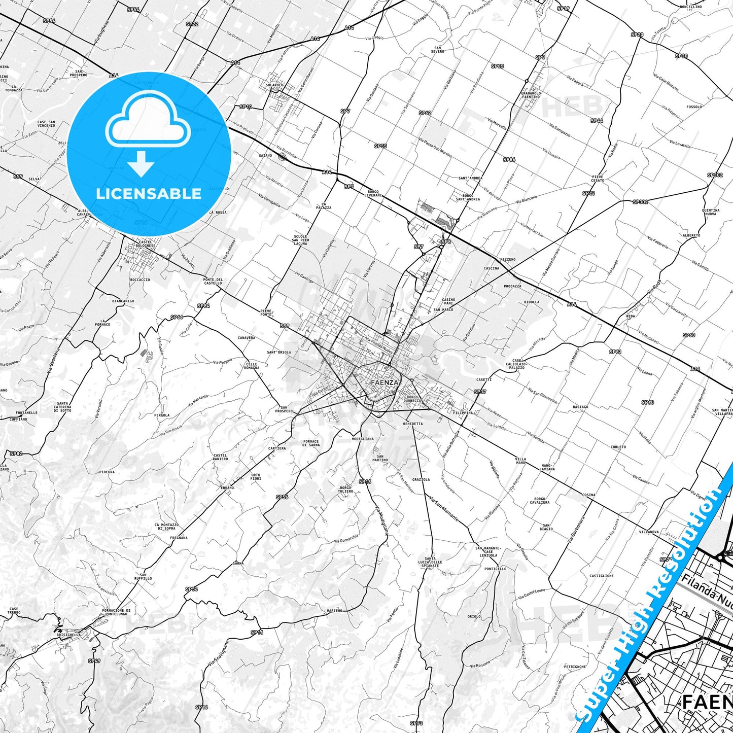 Faenza, Italy light map with streetnames, citynames and districts