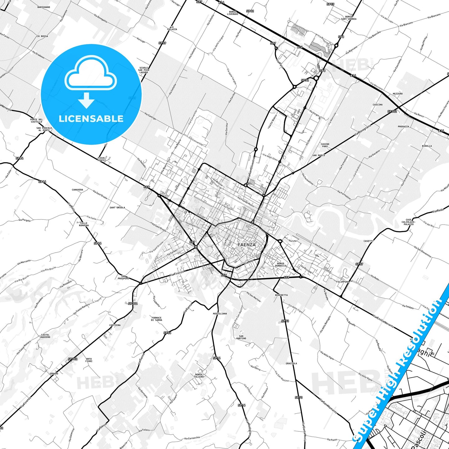 Faenza, Italy Light Map with Street Names, City Names, and Districts