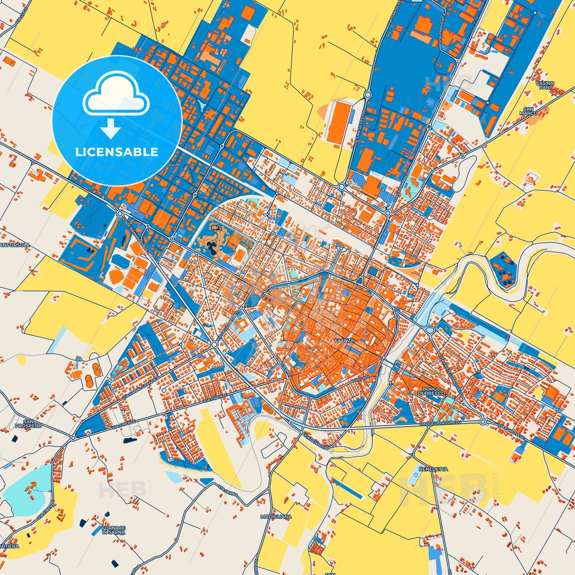 Colorful Faenza Street Map with Labels and Buildings