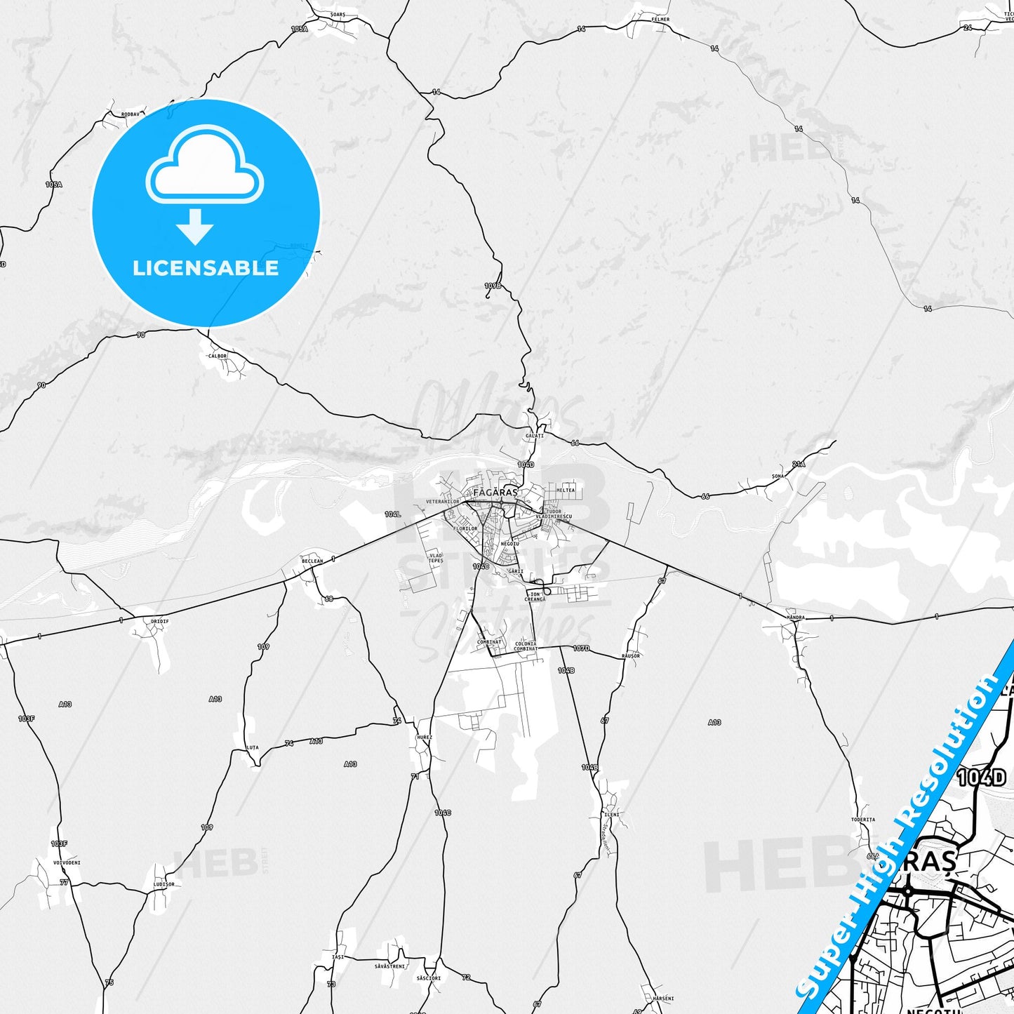 Făgăraș, Romania light map with streetnames, citynames and districts