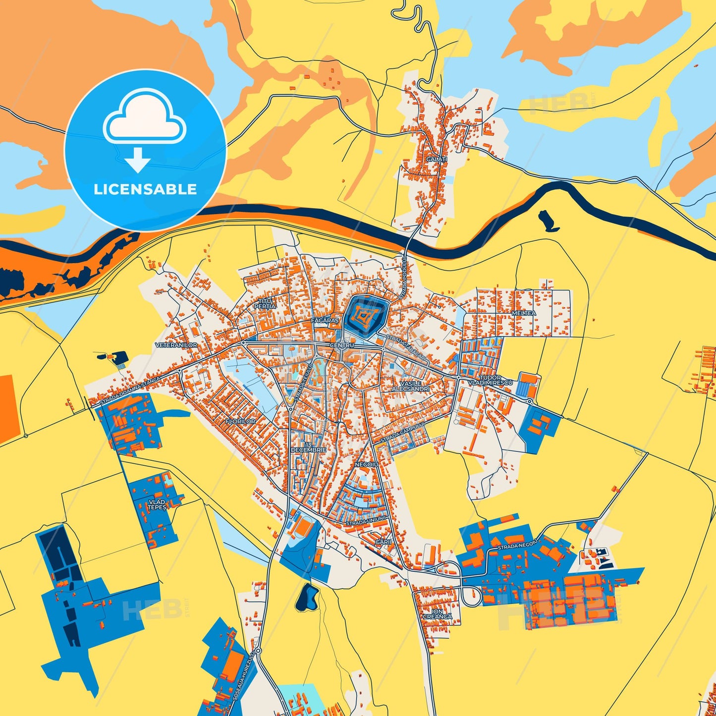 Colorful Făgăraș Street Map with Labels and Buildings