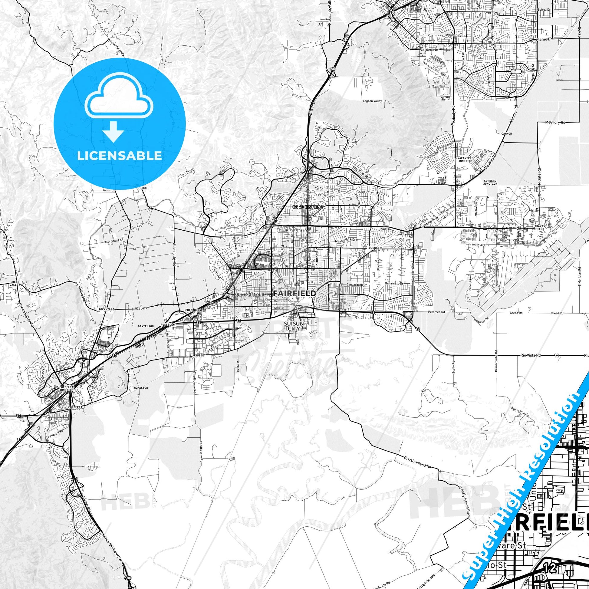 Fairfield, California light map with streetnames, citynames and districts