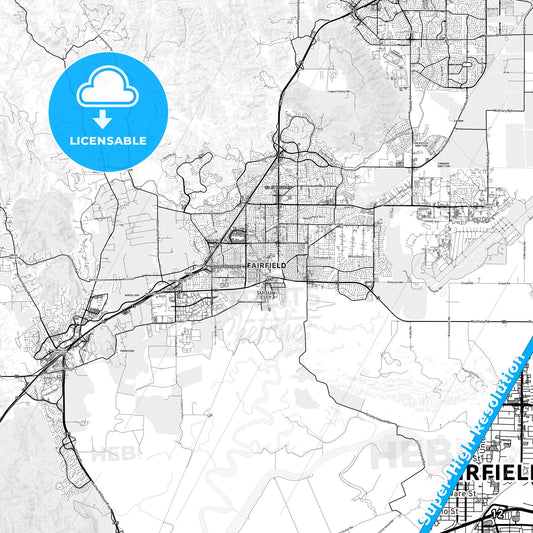 Fairfield, California light map with streetnames, citynames and districts