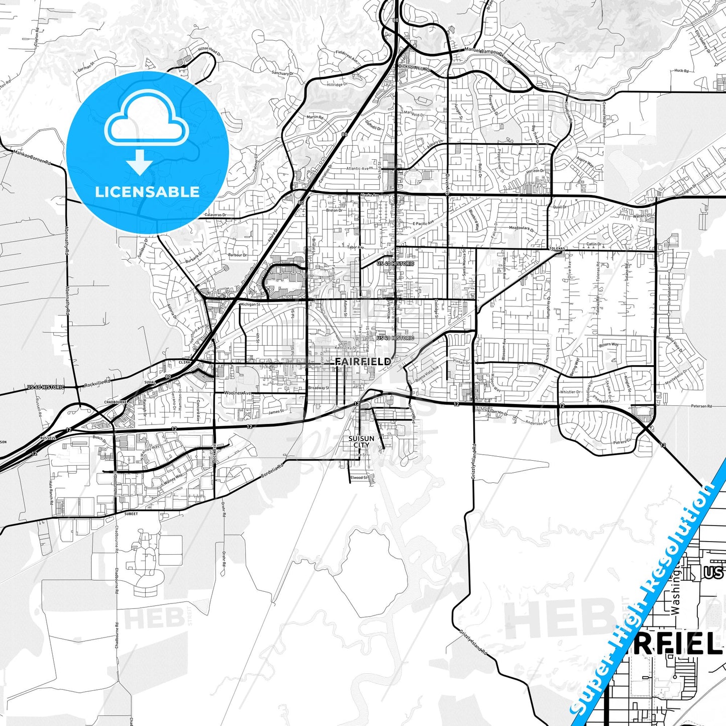 Fairfield, California Light Map with Street Names, City Names, and Districts
