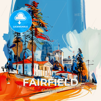 Vibrant Fairfield, California - A Painting Of A Town With Buildings And Trees - Square format print template