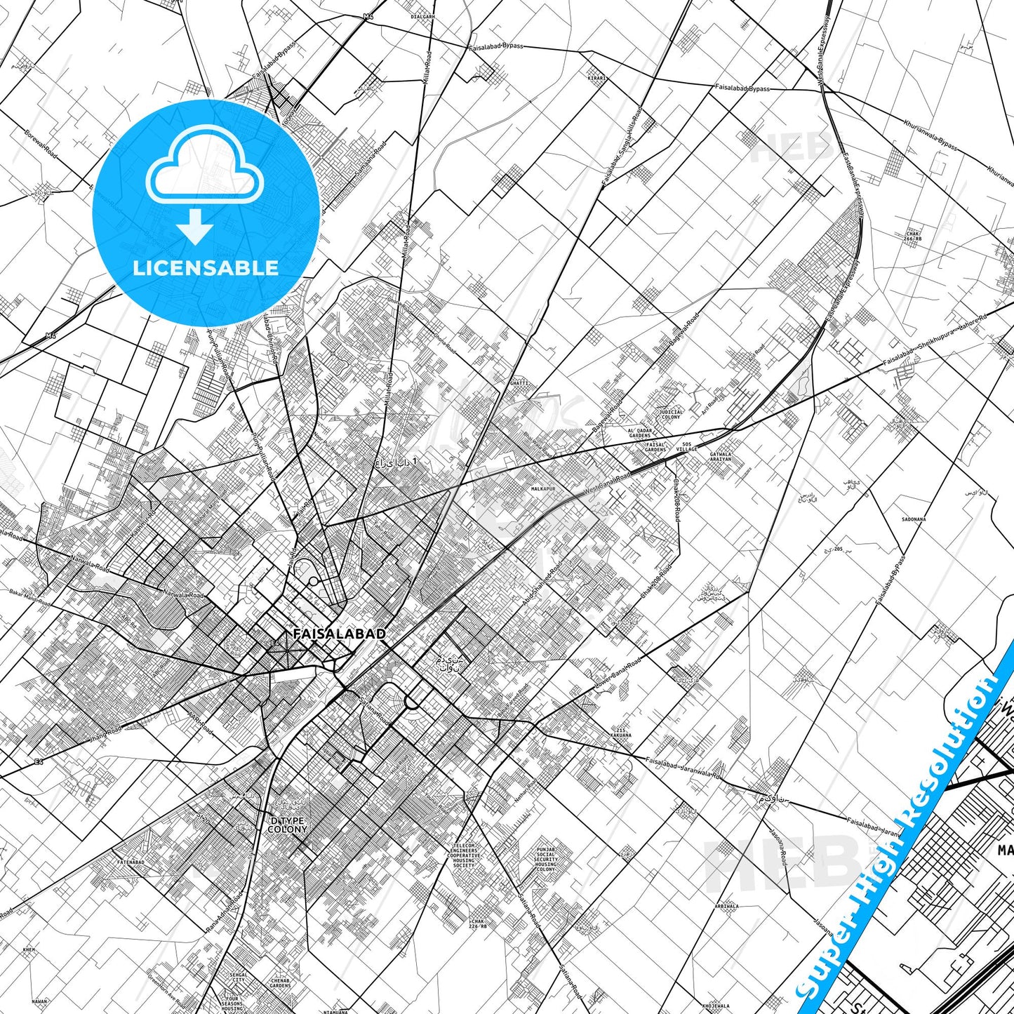 Faisalabad, Pakistan light map with streetnames, citynames and districts