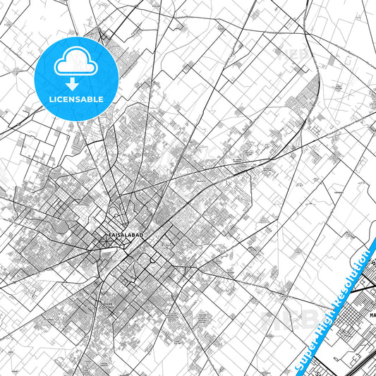Faisalabad, Pakistan light map with streetnames, citynames and districts
