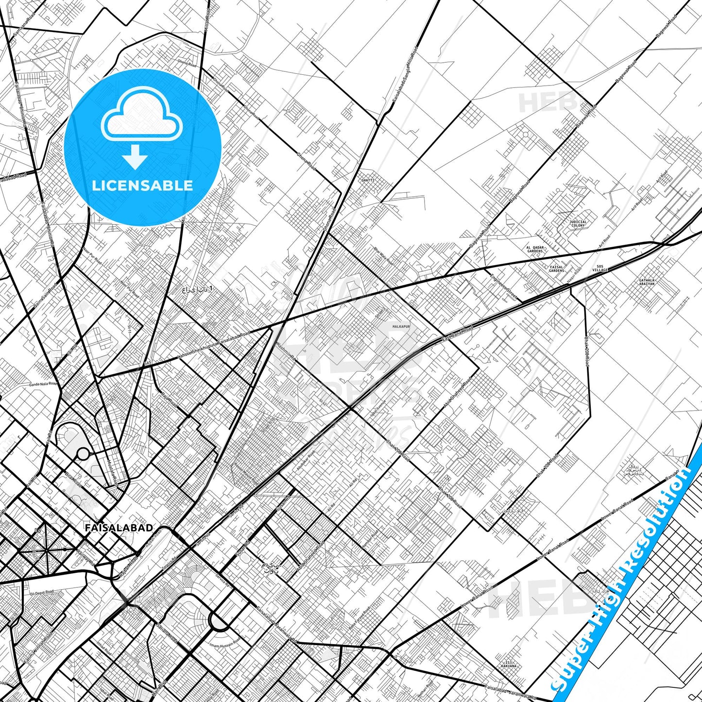 Faisalabad, Pakistan Light Map with Street Names, City Names, and Districts