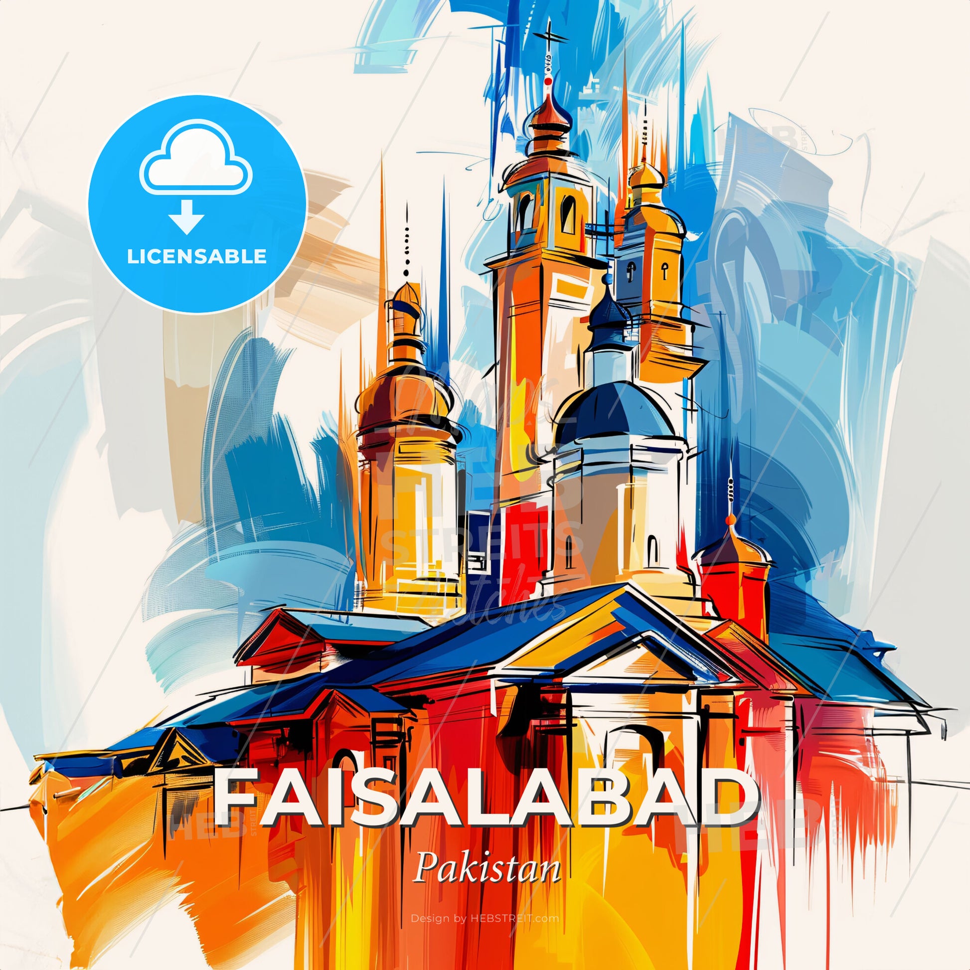 Vibrant Faisalabad, Pakistan - A Painting Of A Building With Towers - Square format print template