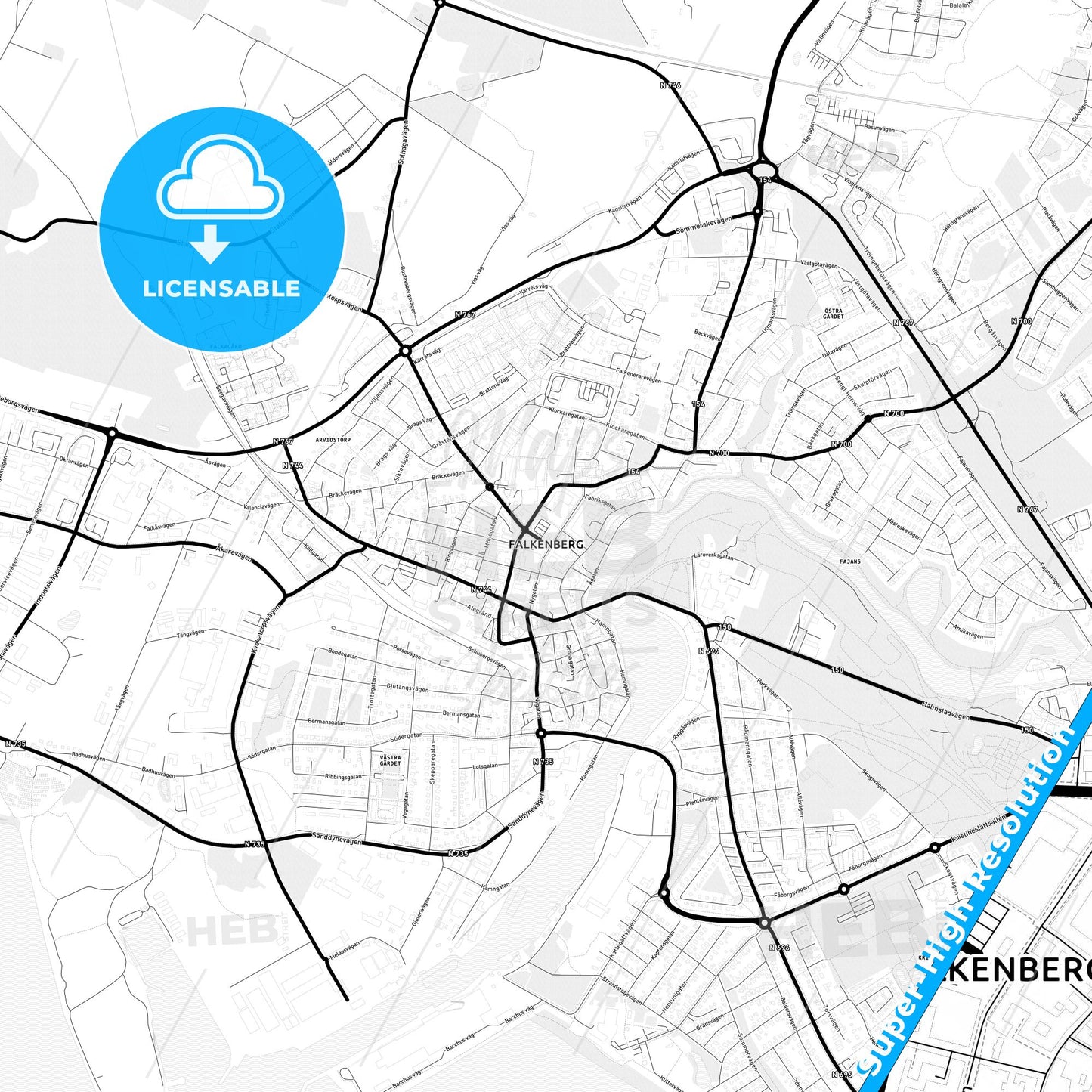Falkenberg, Sweden Light Map with Street Names, City Names, and Districts