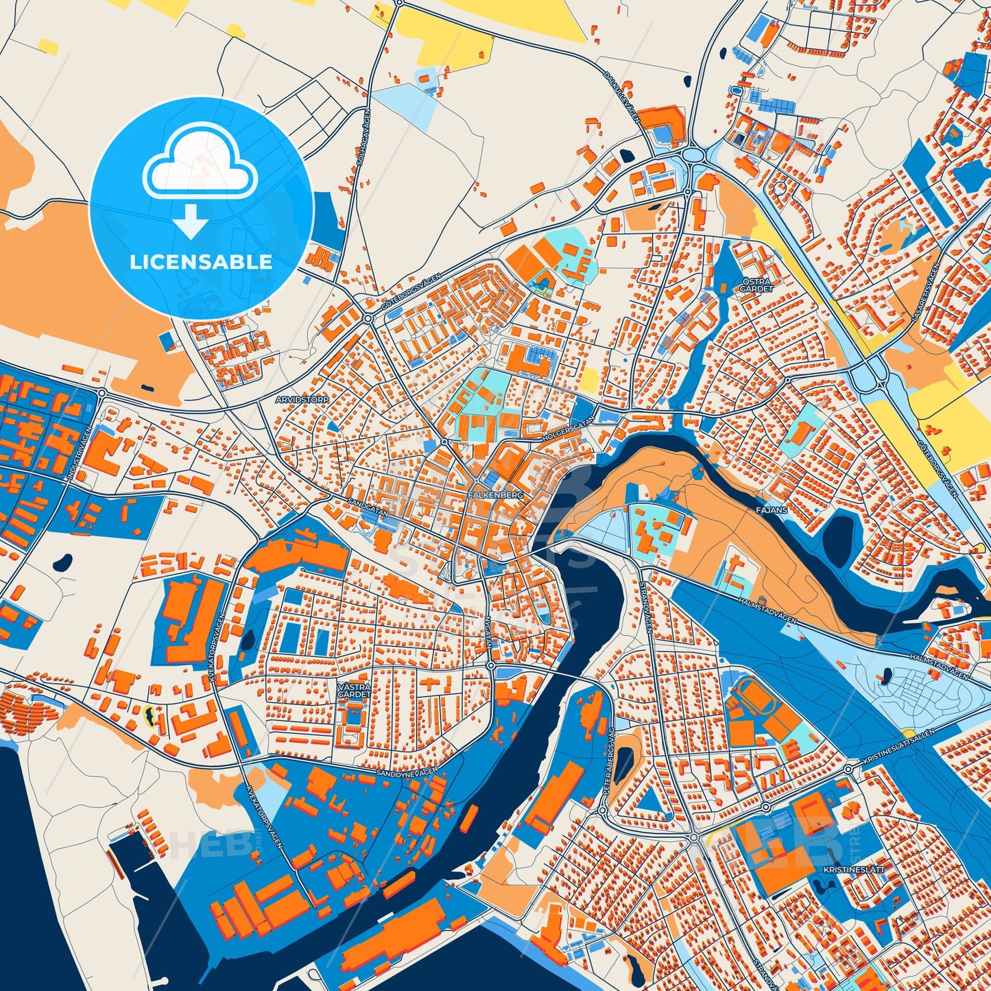 Colorful Falkenberg Street Map with Labels and Buildings