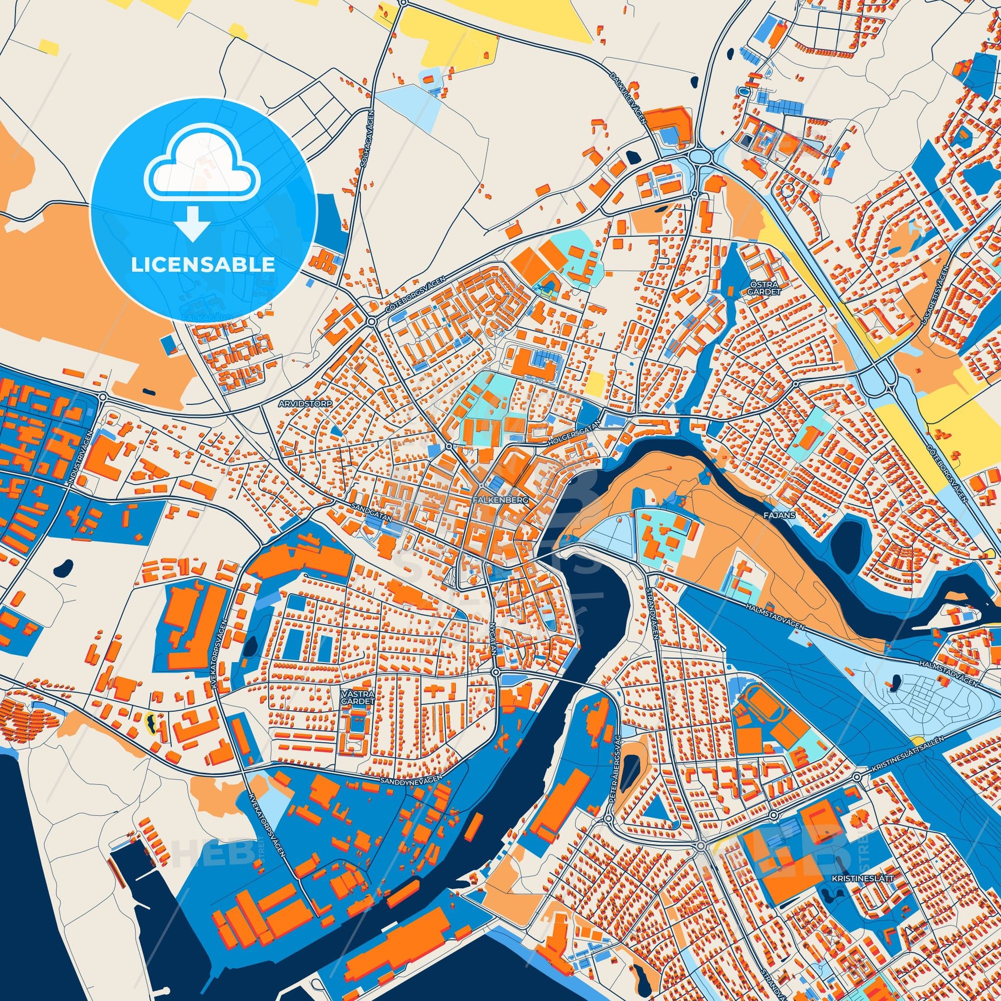 Colorful Falkenberg Street Map with Labels and Buildings