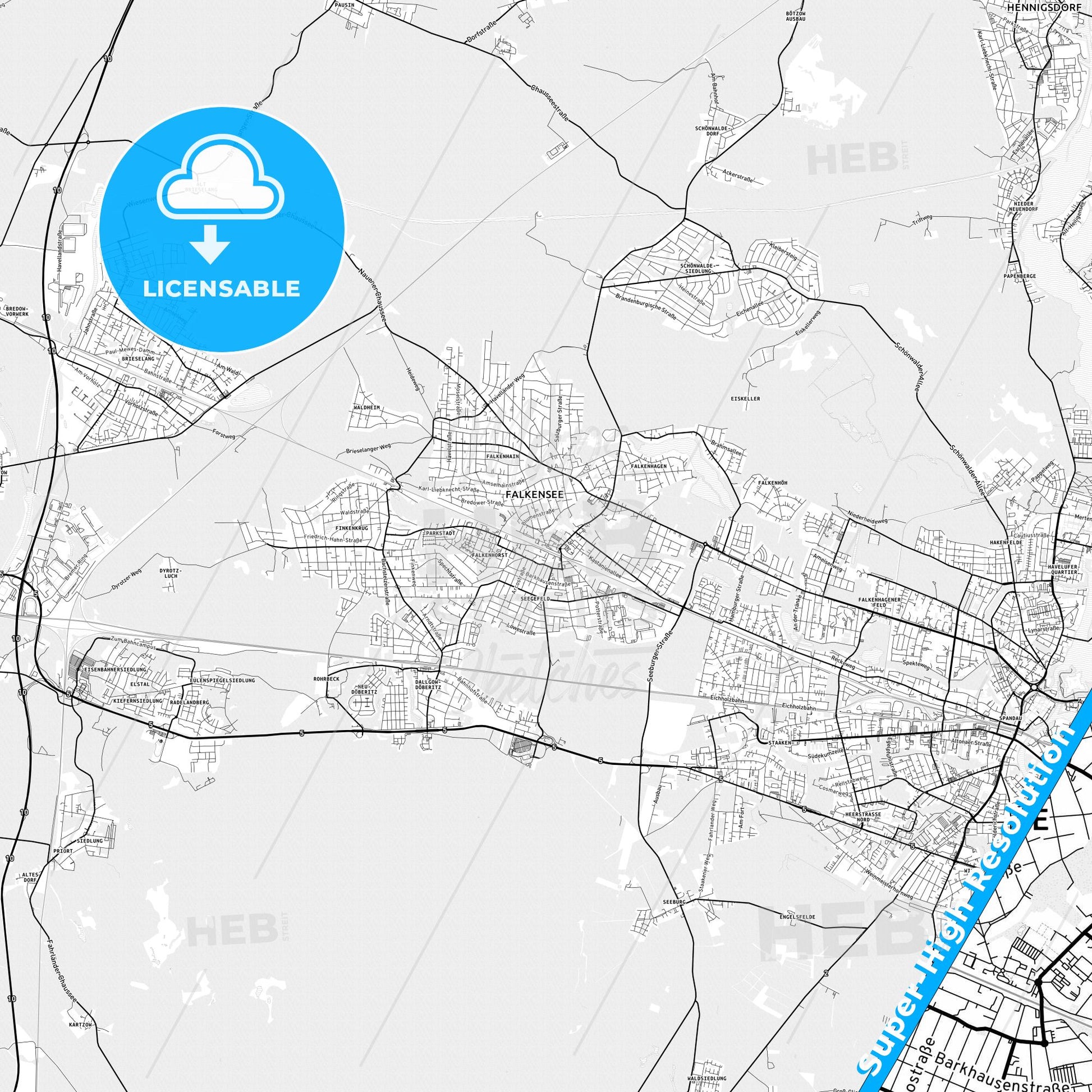Falkensee, Germany light map with streetnames, citynames and districts