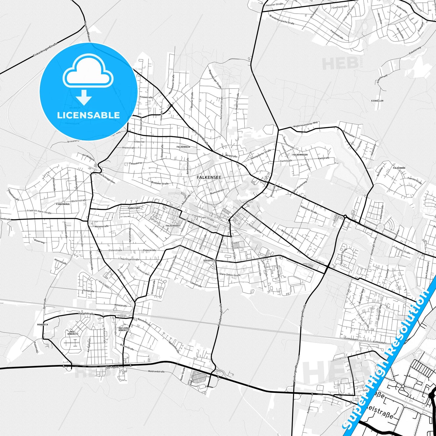 Falkensee, Germany Light Map with Street Names, City Names, and Districts