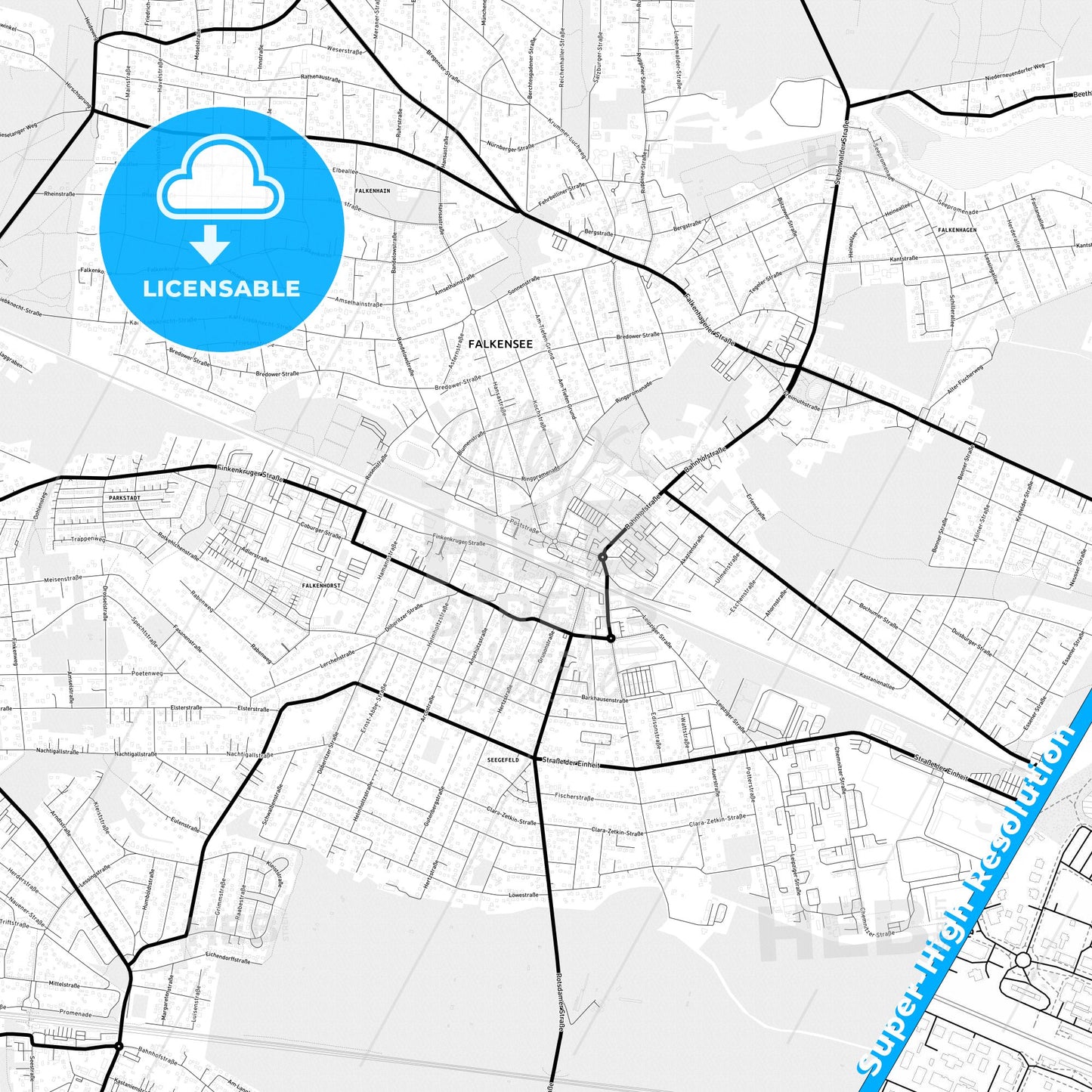 Falkensee, Germany Light Map with Street Names, City Names, and Districts