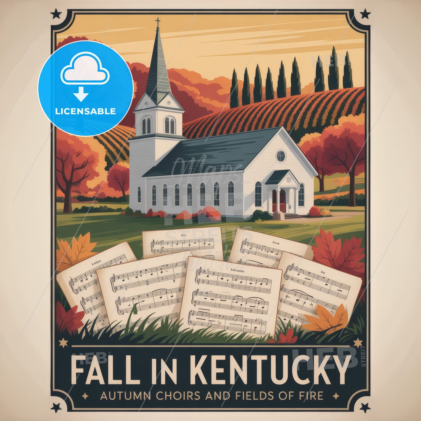 Fall in Kentucky: Captivating Autumn Landscapes Featuring Rustic Church and Melodic Sheet Music