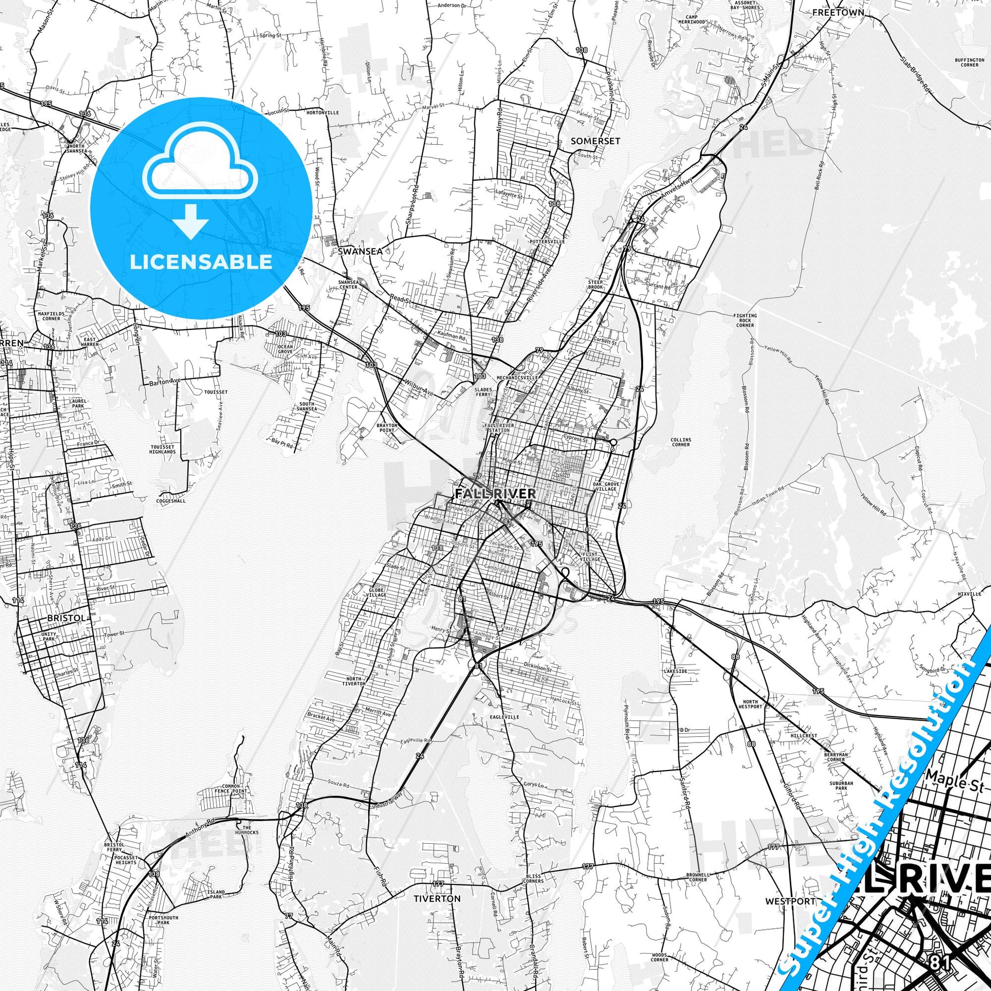 Fall River, Massachusetts light map with streetnames, citynames and districts